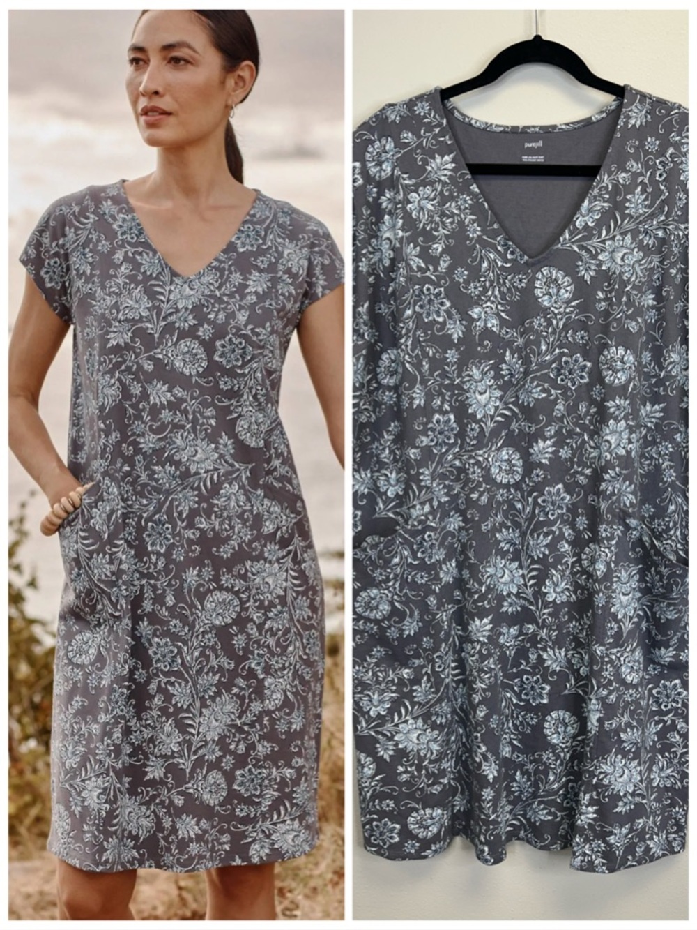 Beachy Comfy Gray Pocket Dress Size L Cotton Easy Summer Spring Neutral Natural